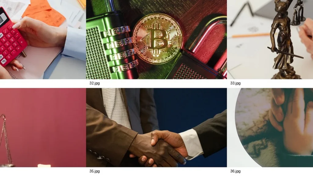 Çeşitli hukuk ve finans temalı görsellerden oluşan bir kolaj; hesap makinesi, Bitcoin sembolü, şifreli kilit, Themis heykeli, adalet terazisi ve el sıkışan takım elbiseli kişiler yer almaktadır.