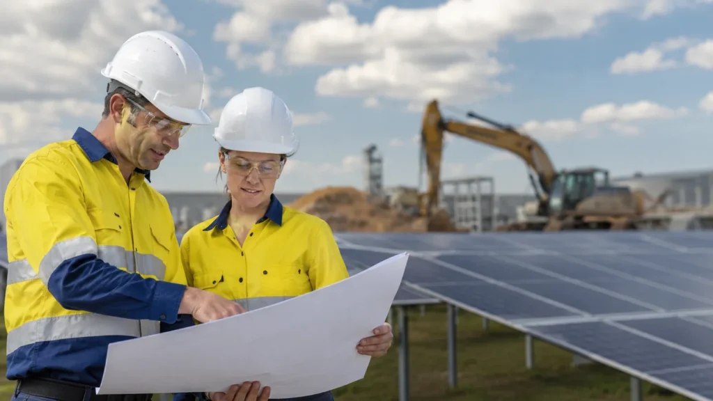Güneş enerjisi santrali veya şantiye alanında, baret ve reflektörlü iş kıyafetleri giymiş iki mühendis veya teknik personel, ellerindeki teknik planı incelemektedir. Arka planda bir iş makinesi (ekskavatör) ve güneş panelleri görülmektedir.