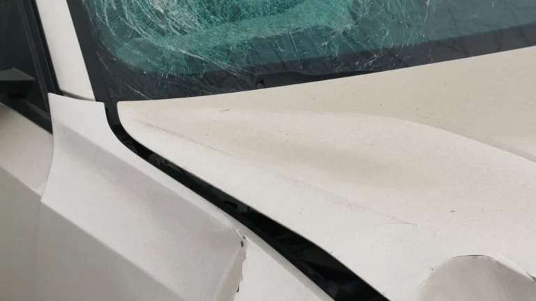 Beyaz bir otomobilin ön kaputunun ve ağır hasar almış, çatlamış ön camının yakın çekim görüntüsü.