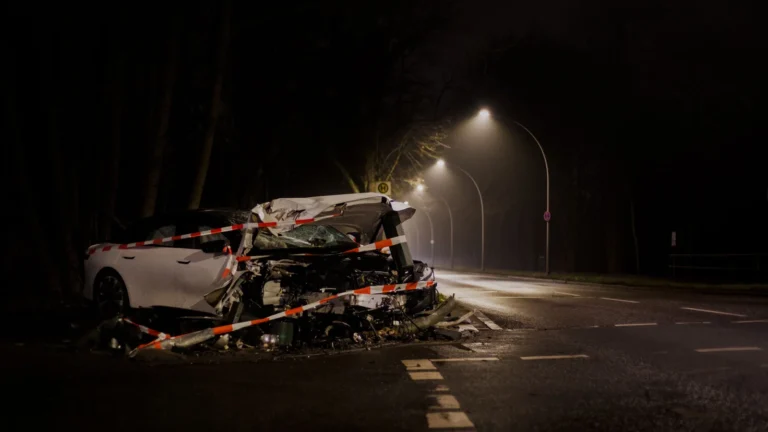 Gece vakti, yol kenarında ağır hasar almış, emniyet şeridi ile çevrelenmiş beyaz bir otomobil enkazı.