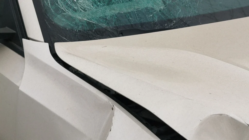 Beyaz bir otomobilin ön kaputunun ve çatlamış ön camının yakın çekim görüntüsü. Araçta trafik kazası sonucu oluşmuş hasar izlenimi veren bir deformasyon görülmektedir.