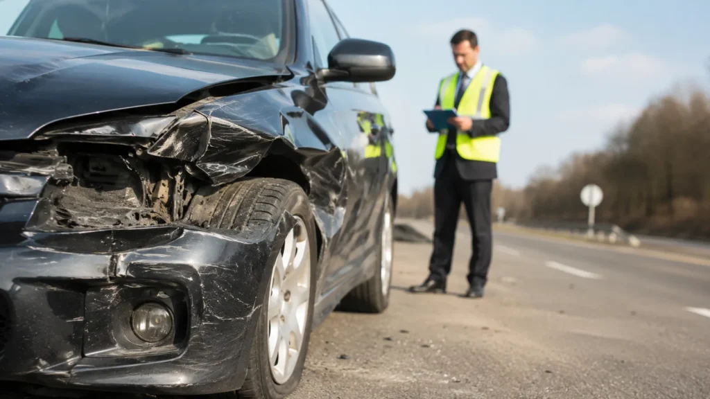 Trafik kazası sonrası hasarlı bir otomobilin önünde duran ve elindeki dosyaya notlar alan, üzerinde reflektörlü yelek bulunan bir eksper veya görevli.